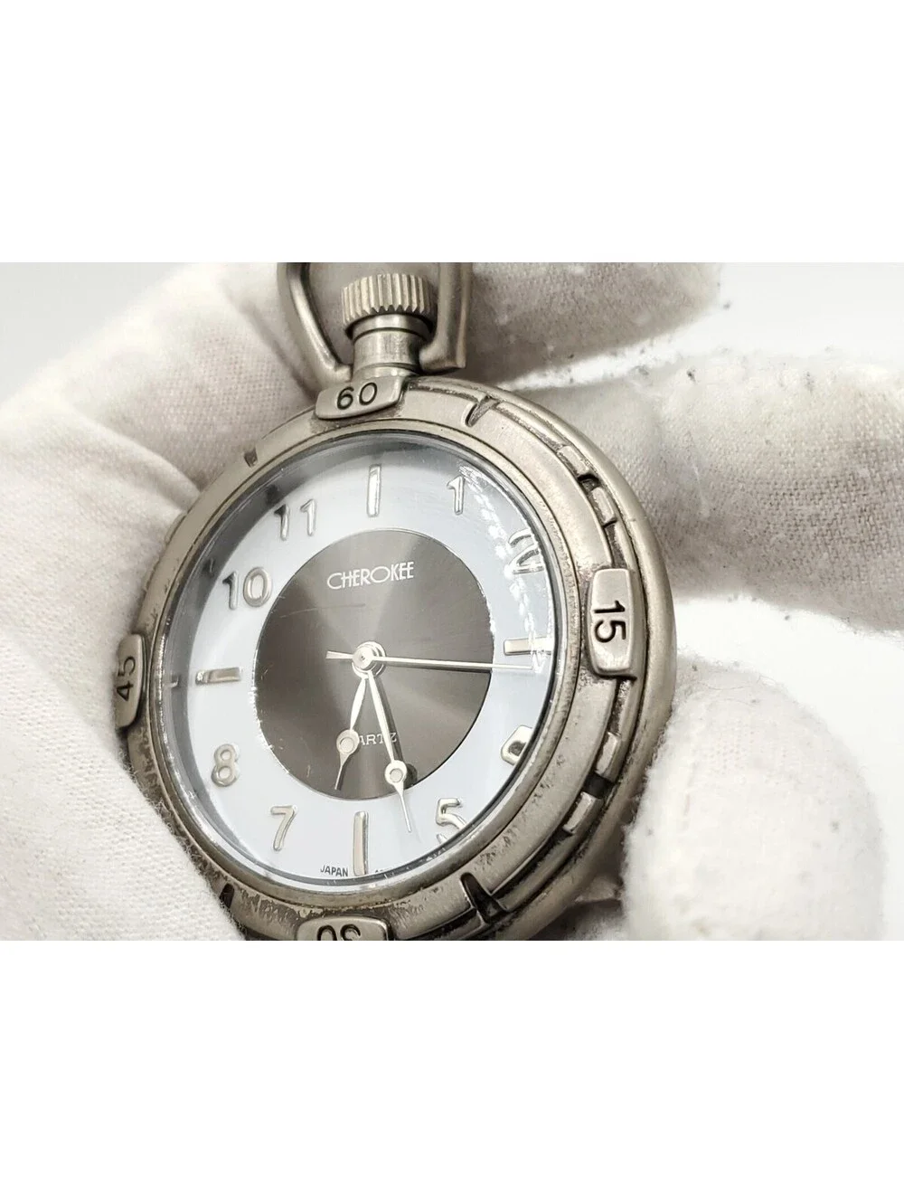 Cherokee Quartz Pocket Watch New Battery Silver Tone 47mm